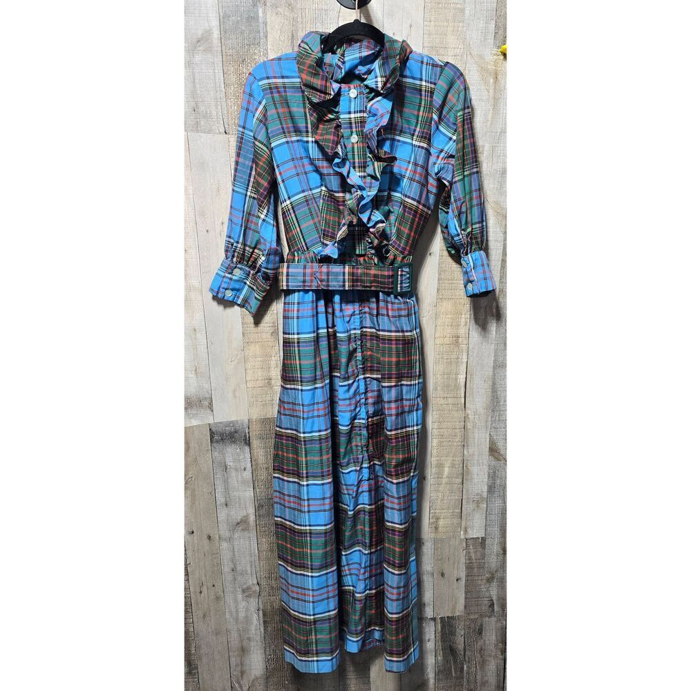Dela-Ann Vintage 70s Blue Plaid Midi Dress FLAWED  Prairie Retro Hippy Trendy